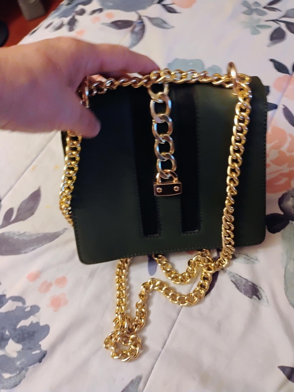 Green Leatherette Crossbody Bag with Gold Chain - Picture 6 of 6
